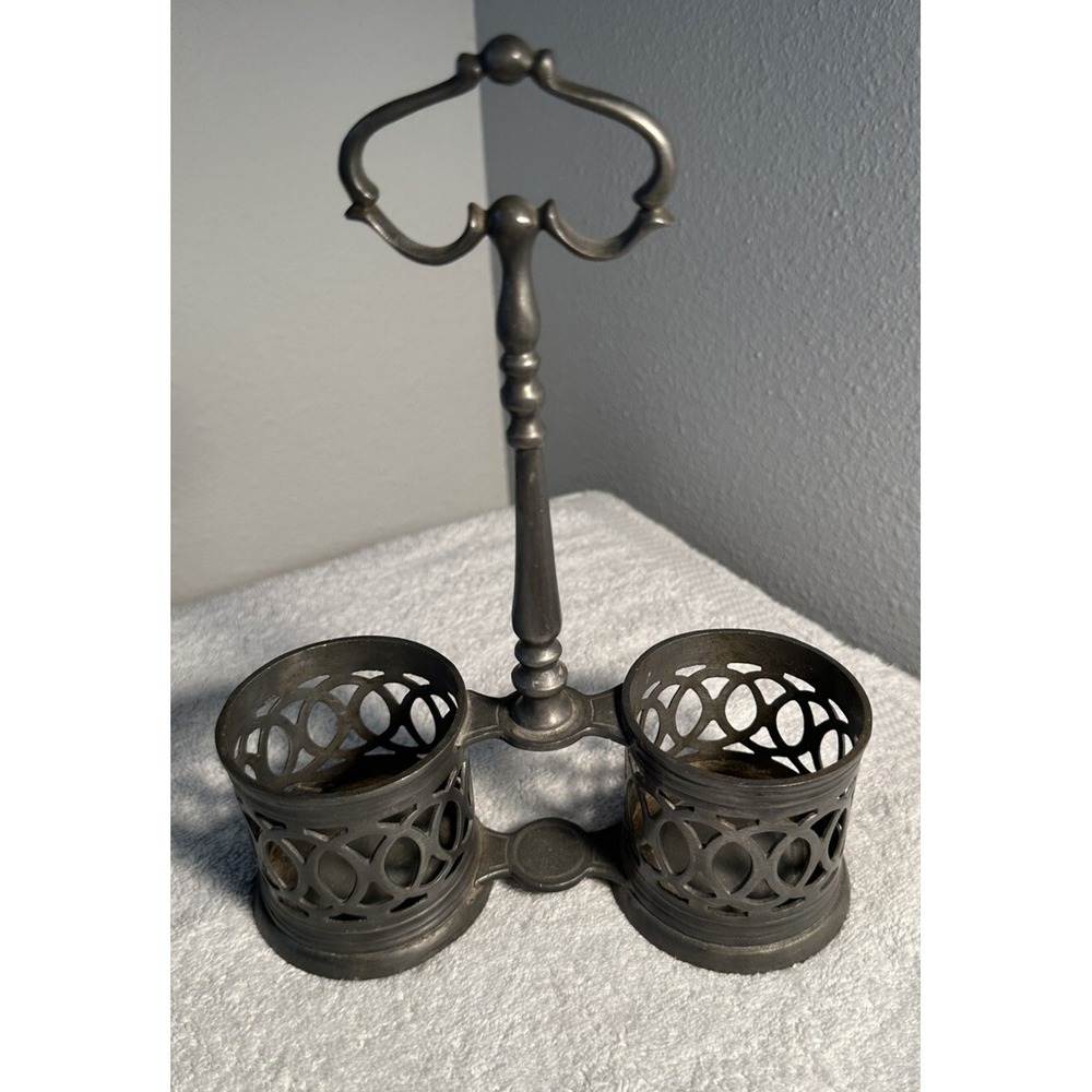 Vintage Marinoni Pewter Cruet Stand‎ Double Condiment Caddy Made in Italy 8 Inch
